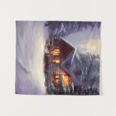 常緑樹素朴間の神秘的なログキャビン タペストリー (正面(横))