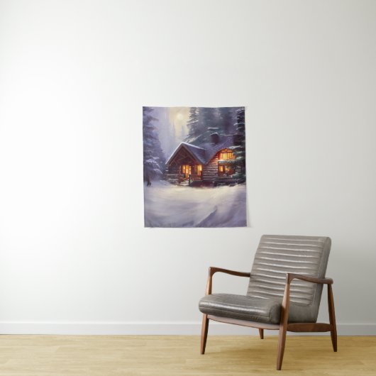 常緑樹素朴間の神秘的なログキャビン タペストリー (インサイチュ)