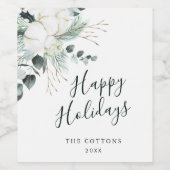 常緑 & コットンフラワーの花束 Happy Holidays ワインラベル (シングルラベル)