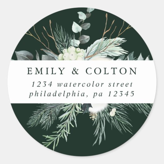 常緑 & コットンフラワー エレガントな差出人住所ラベル ラウンドシール (正面)