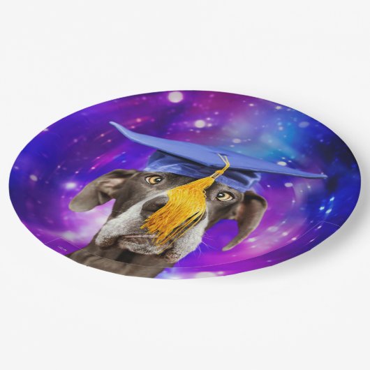 帽子おもしろいをかぶった卒業犬 ペーパープレート (アングル)