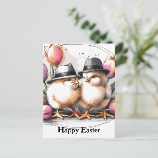 帽子おもしろいをかぶった可愛いヴィンテージイースターチックス ポストカード (スタンド正面)