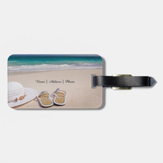 帽子およびビーチサンダルの荷物のラベルが付いている熱帯ビーチ ラゲッジタグ (裏面横)