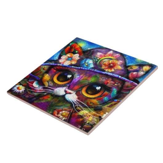 帽子お洒落フローラ付き大目キャット子猫 タイル (側面)