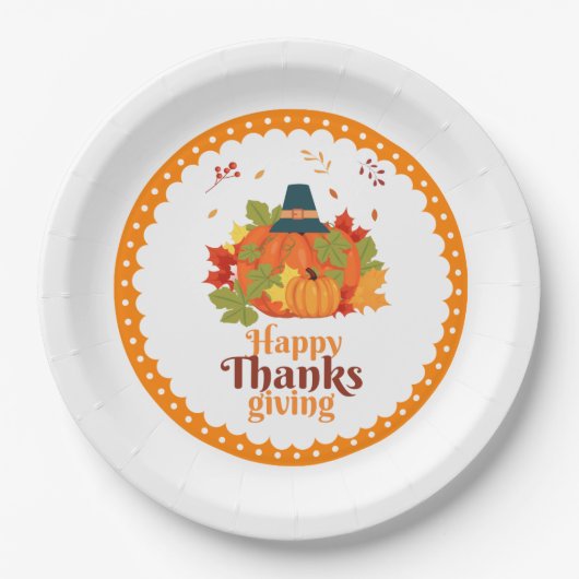 帽子とで感謝祭のパンプキ葉ン ペーパープレート (正面)