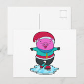 帽子とアイススケートを履いた豚のアイススケート ポストカード (正面/裏面)