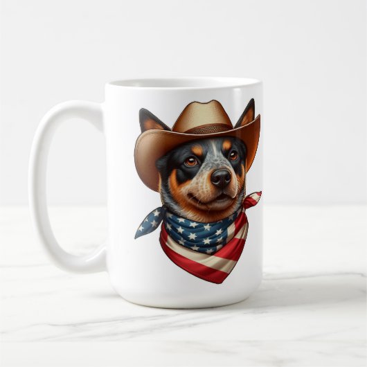 帽子とアメリカ国旗のバンダナを着ている犬 コーヒーマグカップ (左)