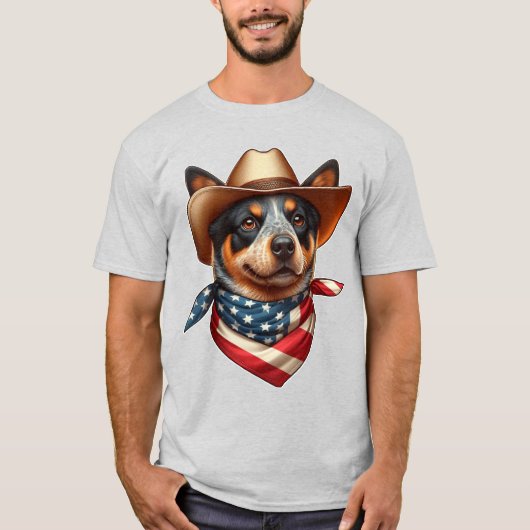 帽子とアメリカ国旗のバンダナを着ている犬 Tシャツ (正面)