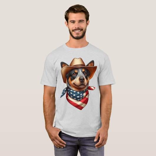 帽子とアメリカ国旗のバンダナを着ている犬 Tシャツ (正面フル)
