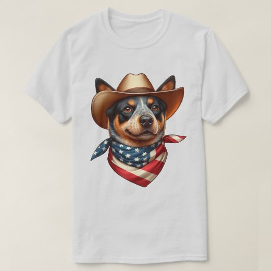 帽子とアメリカ国旗のバンダナを着ている犬 Tシャツ (デザイン正面)