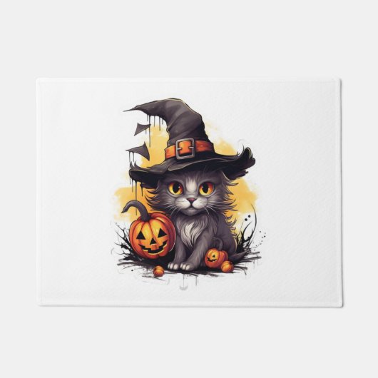 帽子とカボチャのハロウィーンのかわいい猫 ドアマット (正面)