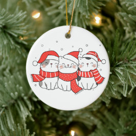 帽子とスカーフを巻いた3匹のクリスマス猫 セラミックオーナメント