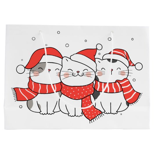 帽子とスカーフを巻いた3匹のクリスマス猫 ラージペーパーバッグ (裏面)