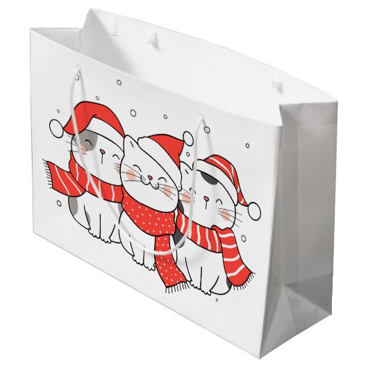 帽子とスカーフを巻いた3匹のクリスマス猫 ラージペーパーバッグ