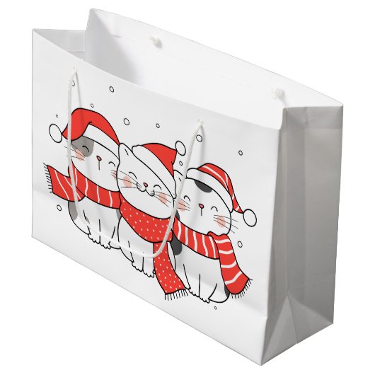 帽子とスカーフを巻いた3匹のクリスマス猫 ラージペーパーバッグ (正面アングル)