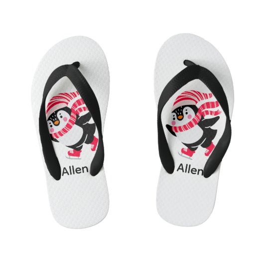 帽子とスカーフを身に着けたクリスマスペンギン キッズビーチサンダル (フットベッド)