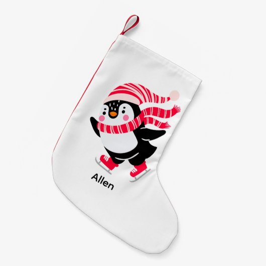 帽子とスカーフを身に着けたクリスマスペンギン スモールクリスマスストッキング (正面 (吊り時))
