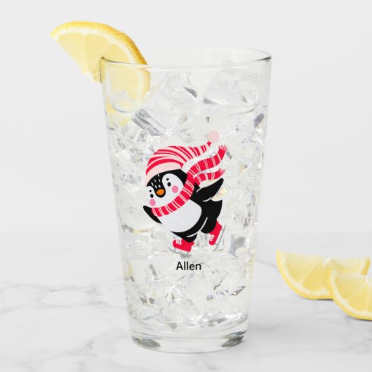 帽子とスカーフを身に着けたクリスマスペンギン タンブラーグラス (アイス正面)