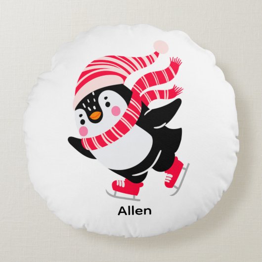 帽子とスカーフを身に着けたクリスマスペンギン ラウンドクッション (正面)