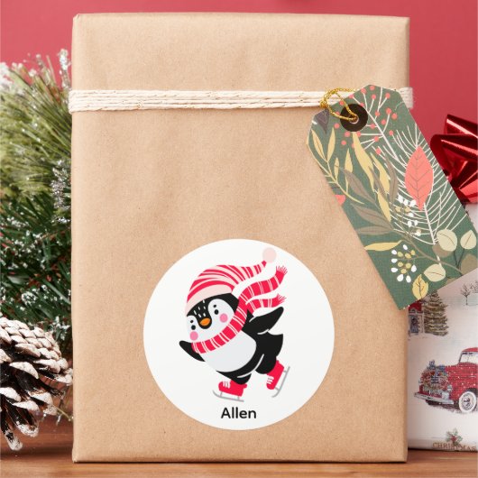 帽子とスカーフを身に着けたクリスマスペンギン ラウンドシール (クリスマス)