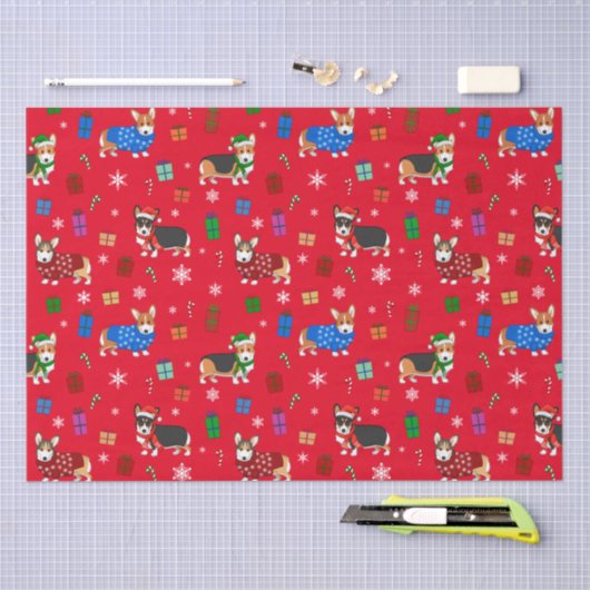 帽子とセーターが可愛いクリスマスコーギー 薄葉紙 (クラフト)
