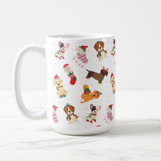 帽子とセーターを着たクリスマス犬 コーヒーマグカップ (左)