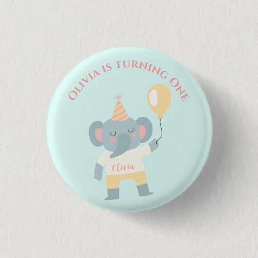 帽子とバルーンの誕生日パーティーを持つ象 缶バッジ (正面)