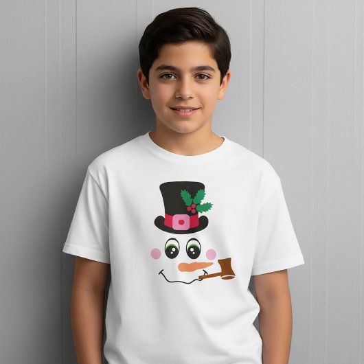 帽子とパイプの雪だるまの顔のキッズTシャツ Tシャツ