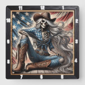 帽子とブーツを持つ西洋をテーマにした骨格 スクエア壁時計 (正面)