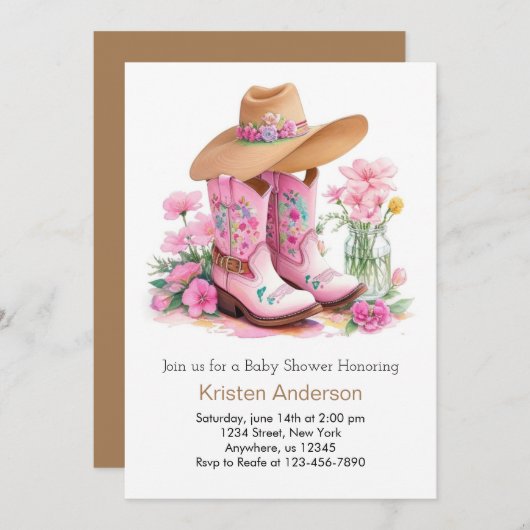 帽子とブーツワイルドウェスト女性のカーボーイベビーシャワー 招待状 (正面/裏面)