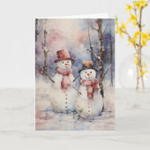 帽子とマフラーで雪だるま2体のクリスマス挨拶 カード (黄色い花)