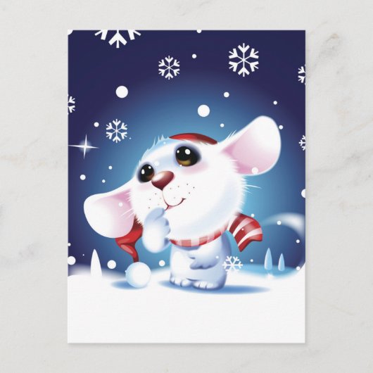 帽子とマフラーをしたねずみが雪を見る ポストカード (正面)