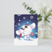 帽子とマフラーをしたねずみが雪を見る ポストカード (スタンド正面)