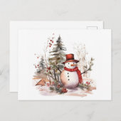 帽子と帽子の雪だるまの水色イラストレーション ポストカード (正面/裏面)