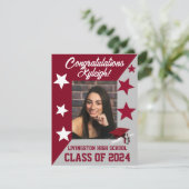 帽子と星のカーディナルレッド/ホワイト/グレーの卒業式 招待状 (スタンド正面)