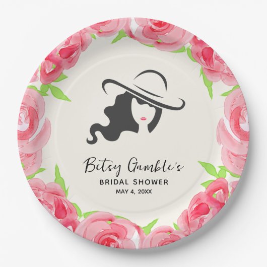 帽子と水の色のバラダービーブライダルシャワー ペーパープレート (正面)