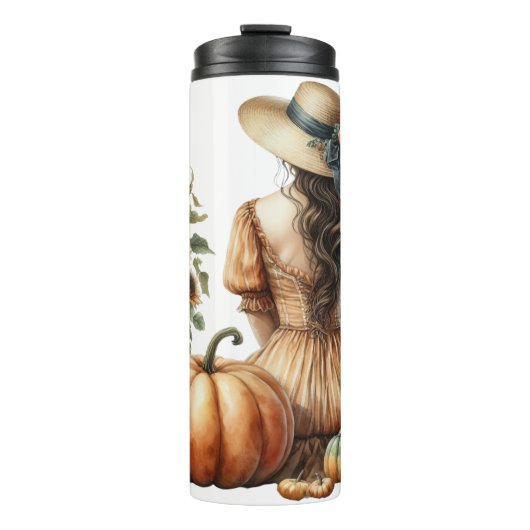 帽子と秋のカボチャを持つ秋座る女性 タンブラー (正面)