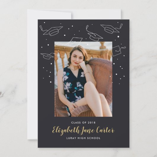 帽子と紙吹雪の卒業発表カード 招待状 (正面)