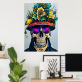 帽子と花でスカルを微笑む | AI Art ポスター (ホームオフィス)