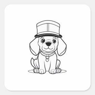 帽子と襟とラベルを着た子犬 スクエアシール