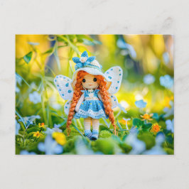 帽子と青い花を持つクロシェ人形 シーズンポストカード