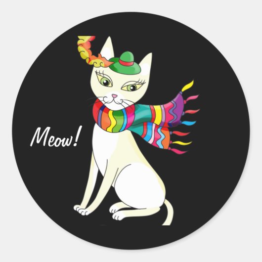 帽子と黒のスカーフの白い装飾猫 ラウンドシール (正面)