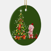 帽子のかされたクリスマスを持つ豚 セラミックオーナメント (右)