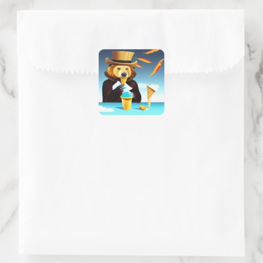 帽子のアイスクリームを着たシュール食べレアリストアートベア スクエアシール (バッグ)