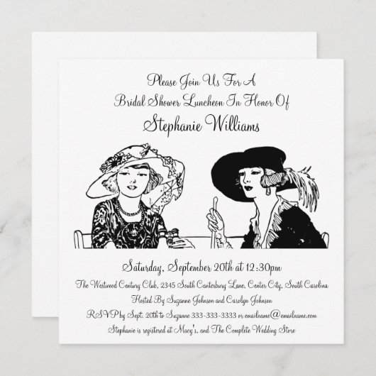 帽子のエレガントなブライダルシャワーのヴィンテージの女性 招待状 (正面/裏面)