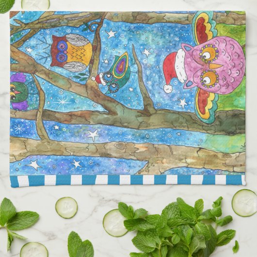 帽子のキッチンタオルでかわいいクリスマスフクロウ キッチンタオル (折り畳み)