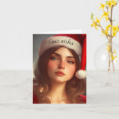 帽子のクリスマスカードを持った女の子 カード (黄色い花)