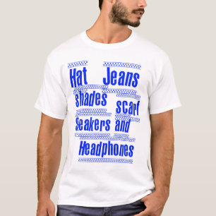 帽子のジーンズの陰のスカーフのスニーカーおよびヘッドホーン Tシャツ
