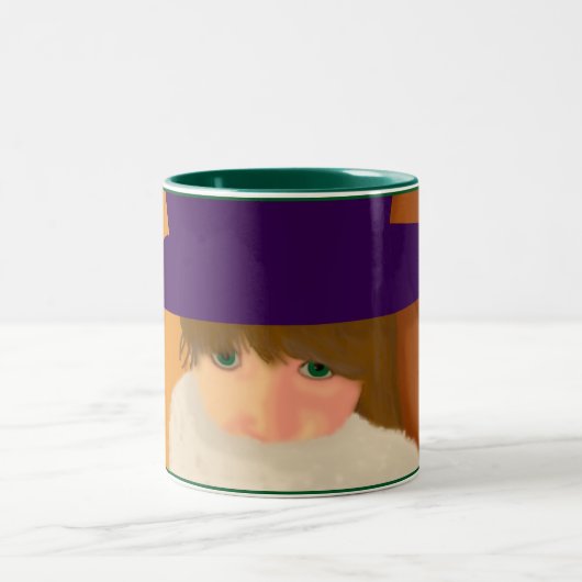 帽子のマグを持つ女の子 ツートーンマグカップ (中央)