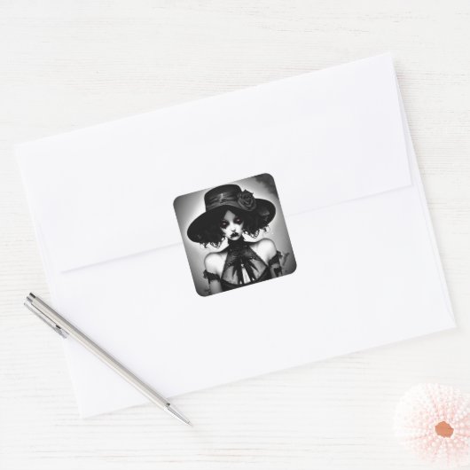 帽子の不気味な黒と白の女性 スクエアシール (封筒)